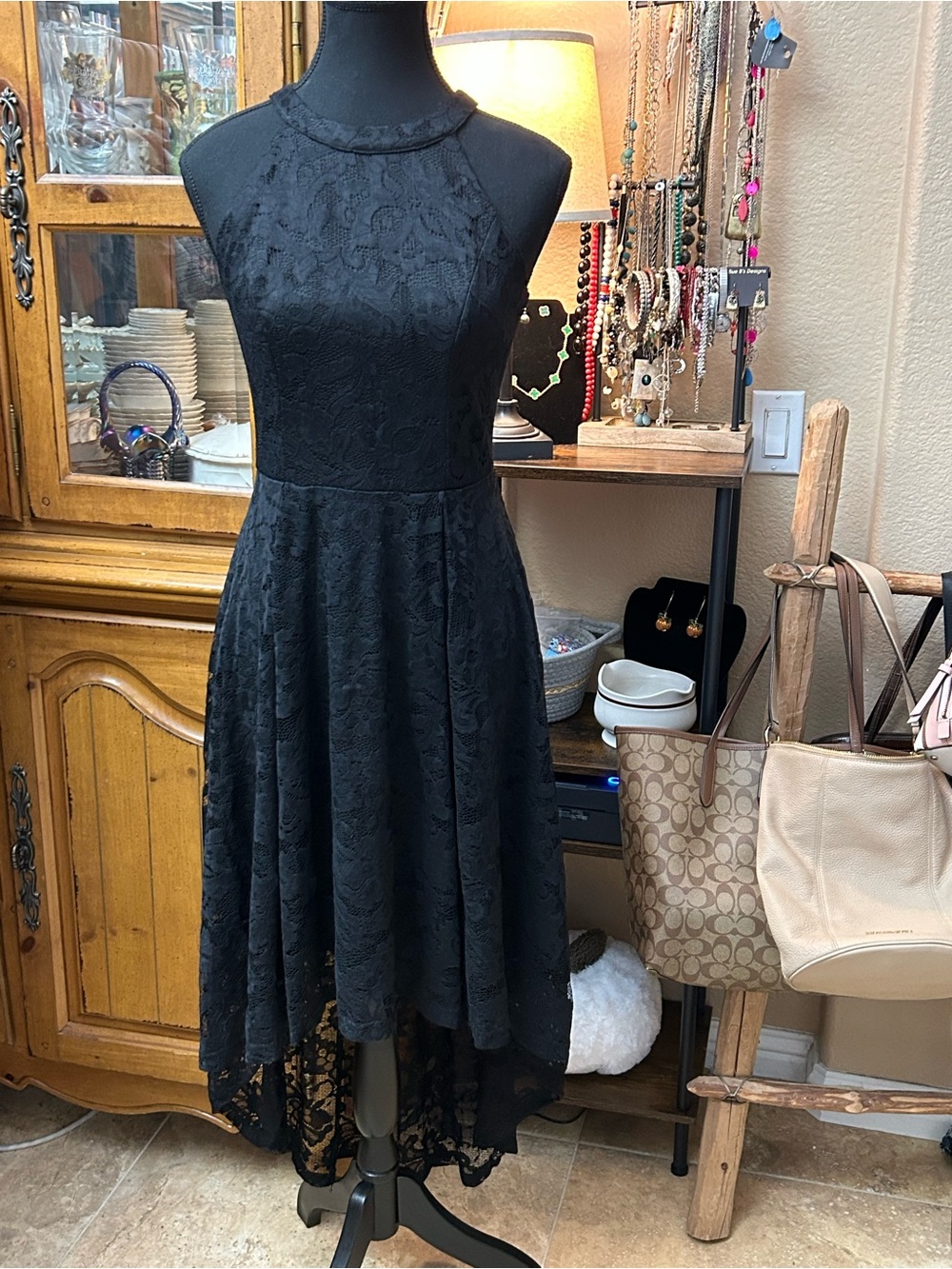 Black Lace High-Low Halter Dress